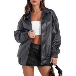 Women Faux Leather Jacket Oversized Gray Bomber Coat Fall Winter Outfits
